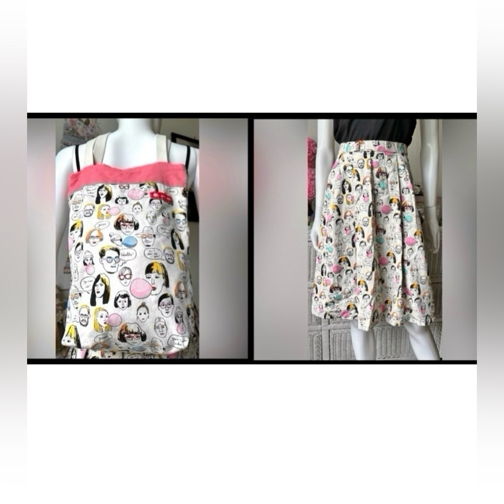 Custom Made Pleated Skirt & Matching Bag Features Fun Facial Expressions Size 8